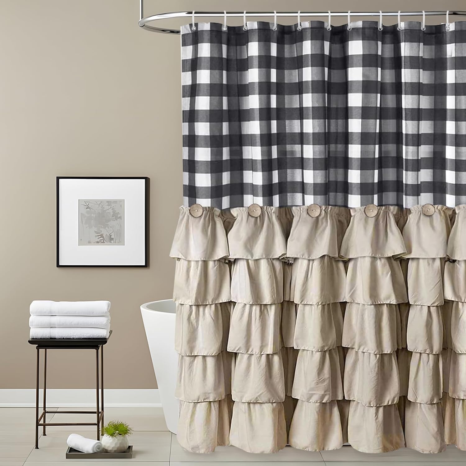 Seasonwood Farmhouse Shower Curtain Set with 12 Hooks Boho Shower Curtain with Button Bathroom Decor Black Buffalo Plaid Pattern with Fabric Ruffles Waterproof with Washable Durable 72"x72"