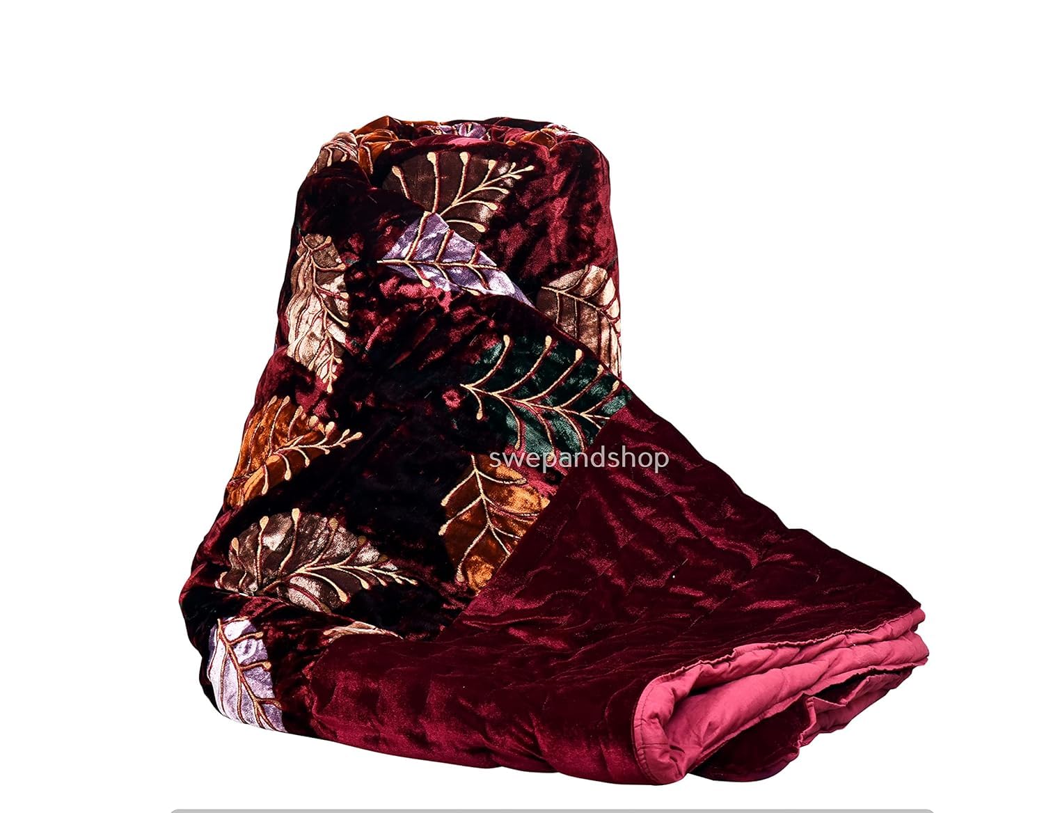 PINAARAS INTERIORS 400 TC Organic Pure Cotton Bombay Velvet Leaf Printed Razai Double Bed Size Jaipuri Quilt Rajai – (90X105) Maroon, Lightweight, Pack of 1