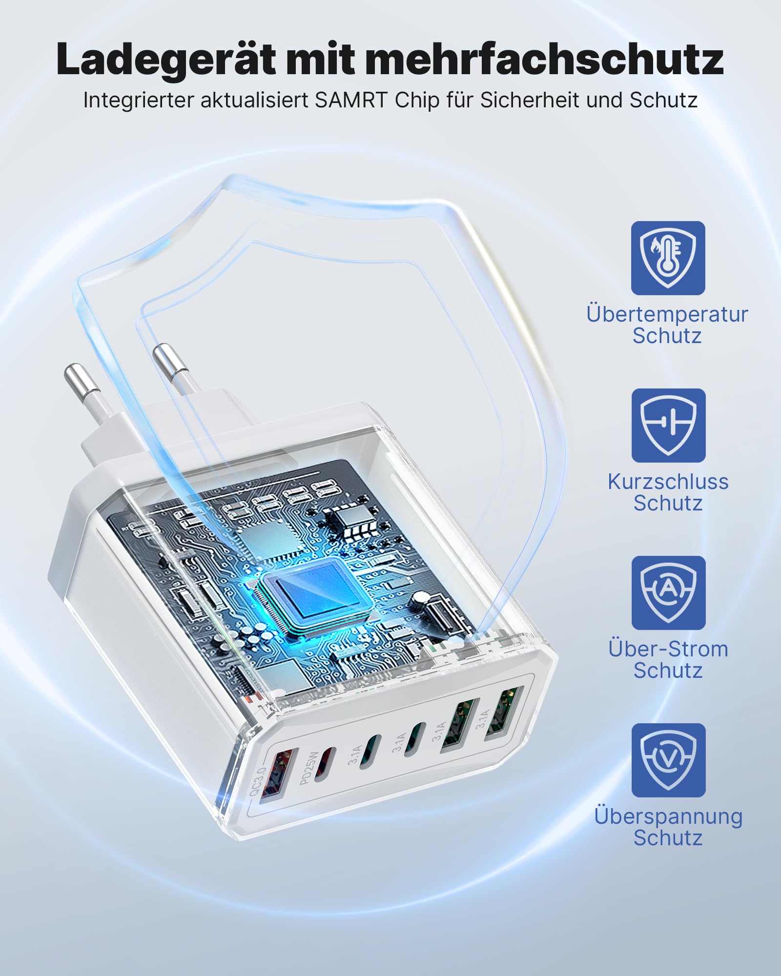 Caricatore USB C, 40W 6-Porte USB C Presa USB Multiplo per iPhone 15 14 13 12 11 Pro Max Mini SE 2020 XS XR X 8 7 6 6S Plus, iPad, Samsung, USB Multipla Spina Carica Charger Alimentatore