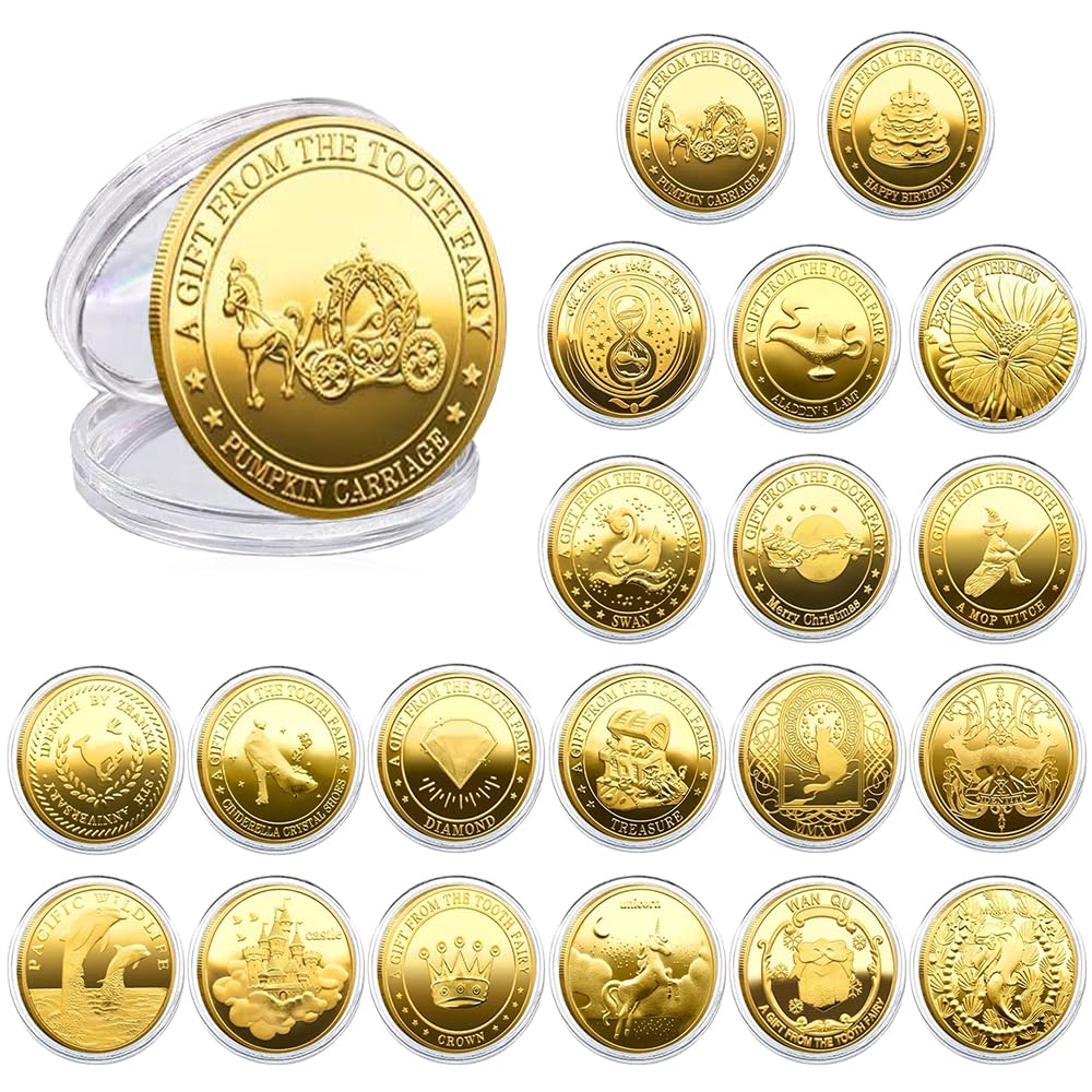 mizikuu 20 monedas de hada de los dientes, hada de los dientes, hada de los dientes, con diferentes patrones, monedas de oro para niños, regalo de hada de los dientes, recuerdo para recompensar la
