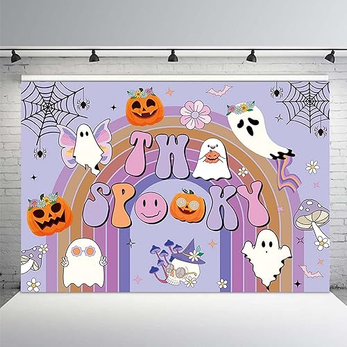 Miniatura 2 de MEHOFOND Telón de fondo de dos espeluznantes de 7 x 5 pies, color morado, para Halloween, segundo cumpleaños, retro, Groovy, arco iris, telón de