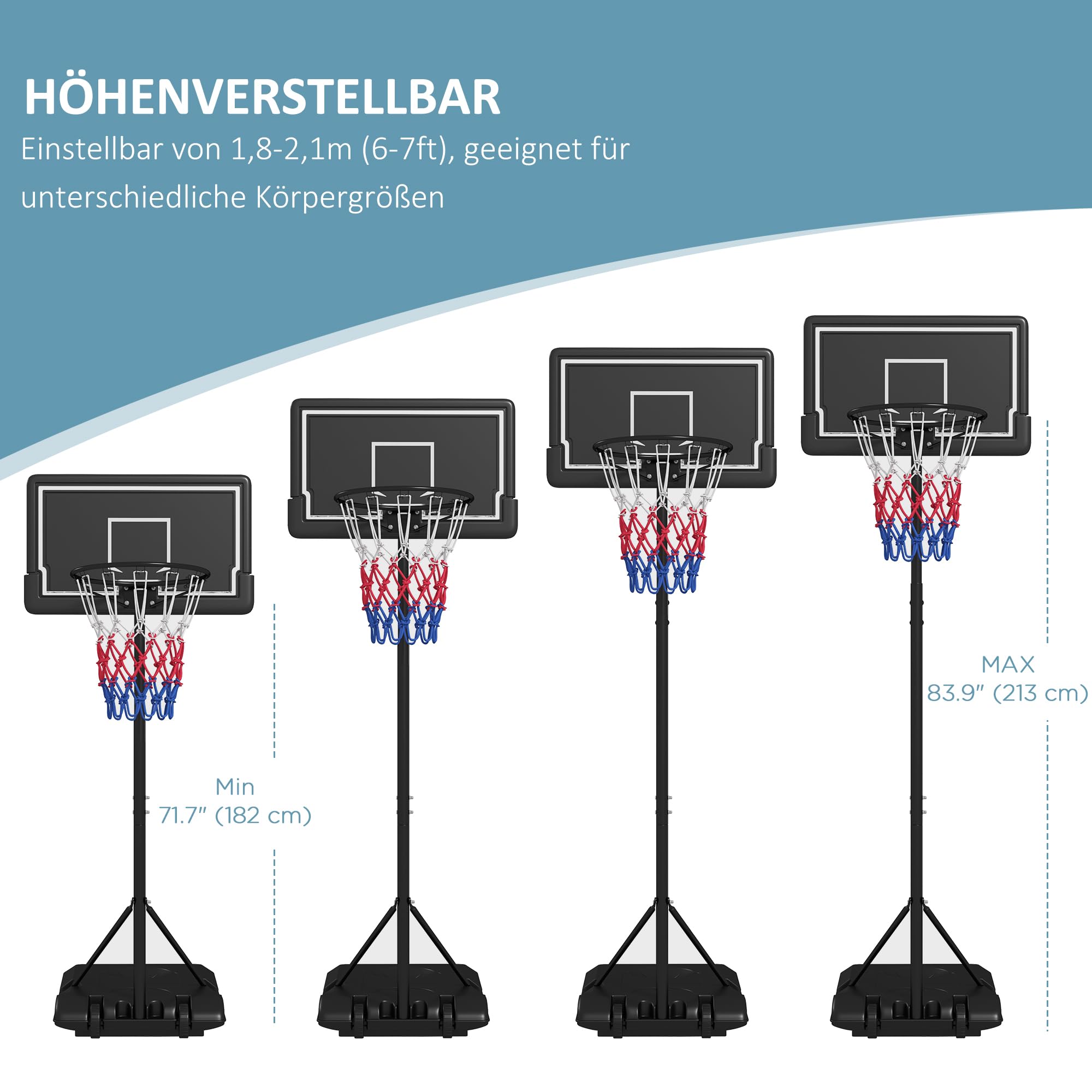 SPORTNOW Canestro da basket regolabile in altezza 182-213 cm con ruote tabellone infrangibile acciaio per adulti
