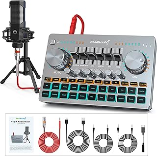 ZealSound Podcast Equipment Bundle,Audio Interface-All in One-Podcast Production Studio Soundboard Audio Mixer with Professional XLR Microphone for Live Streaming, Podcast Recording on Smartphone PC