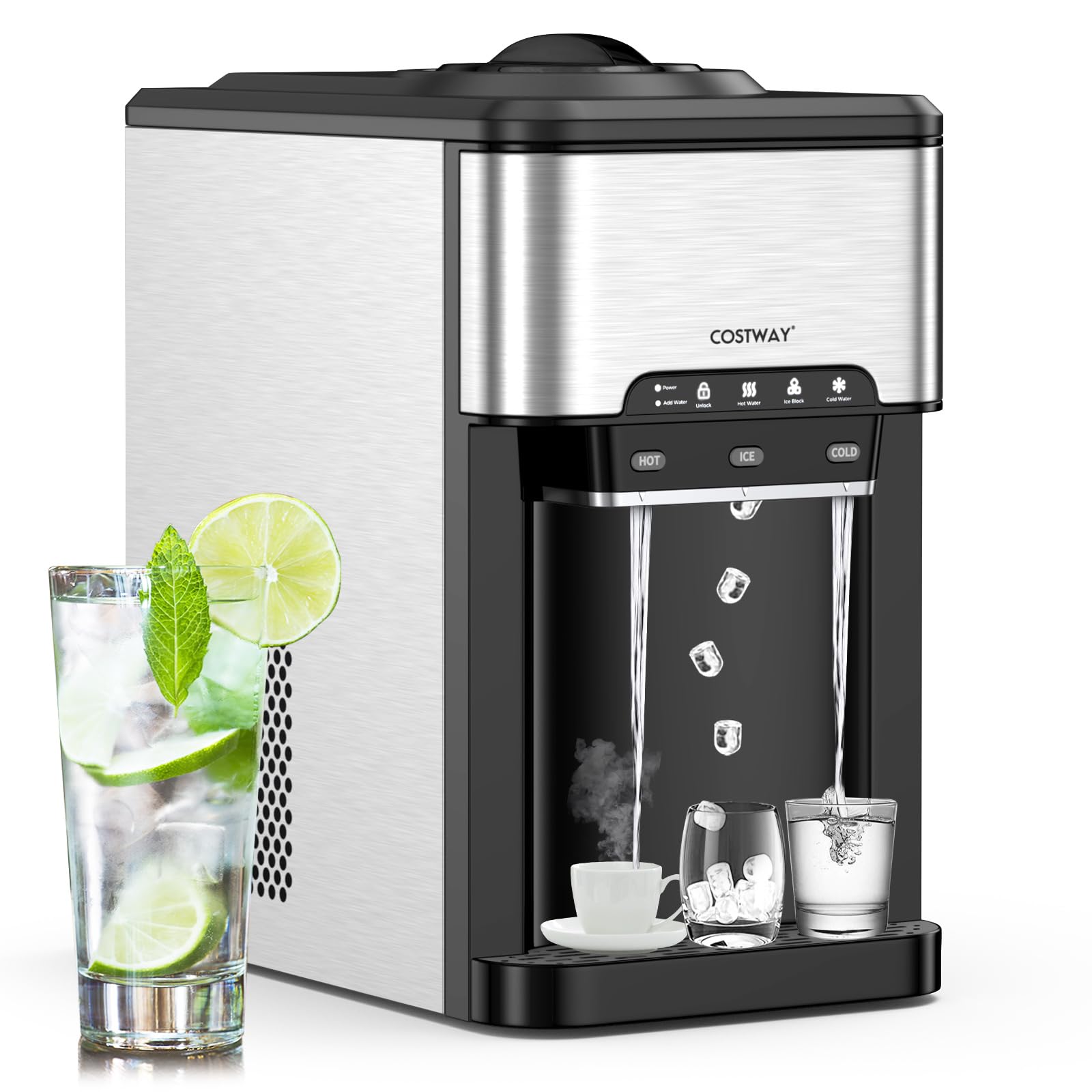 COSTWAY Water Dispenser with Ice Maker, Hold 3-5 Gallon Bottle, 3-in-1 Countertop Top-Loading Hot Cold Water Cooler Machine for Home Office, Safety Lock, 48Lbs/24H, 12 Cubes, 4Lbs Storage Basket
