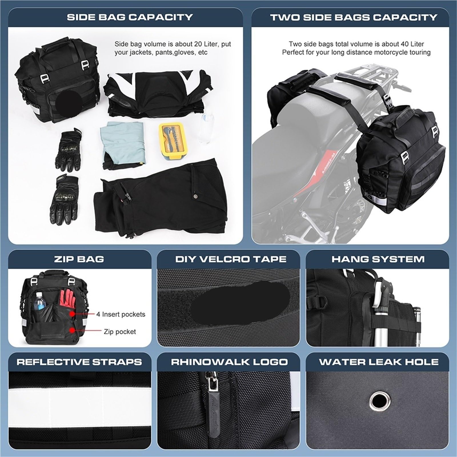Bagaż motocyklowy torba Torba motocyklowa, sakwa motocyklowa, uniwersalna, wodoodporna, wyjmowana, wewnętrzna, bagażowa Tylny bagażnik Torba(20LBlack-1pc)