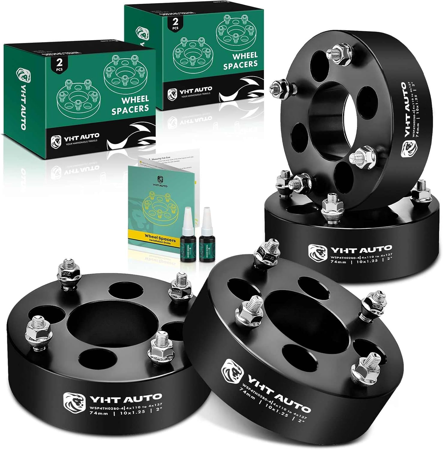 YHTAUTO 4x110 to 4x137 mm Wheel Spacers 2 inch Fits Bombardier, Can-Am, Arctic Cat, Honda, ATV Models, Tire Spacers w/ M10x1.25 & 12.9 Grade Studs, 74 mm Center Bore 4 Lug 4PCS Black Wheel Adapters 2 Inch Thickness 4 PCS