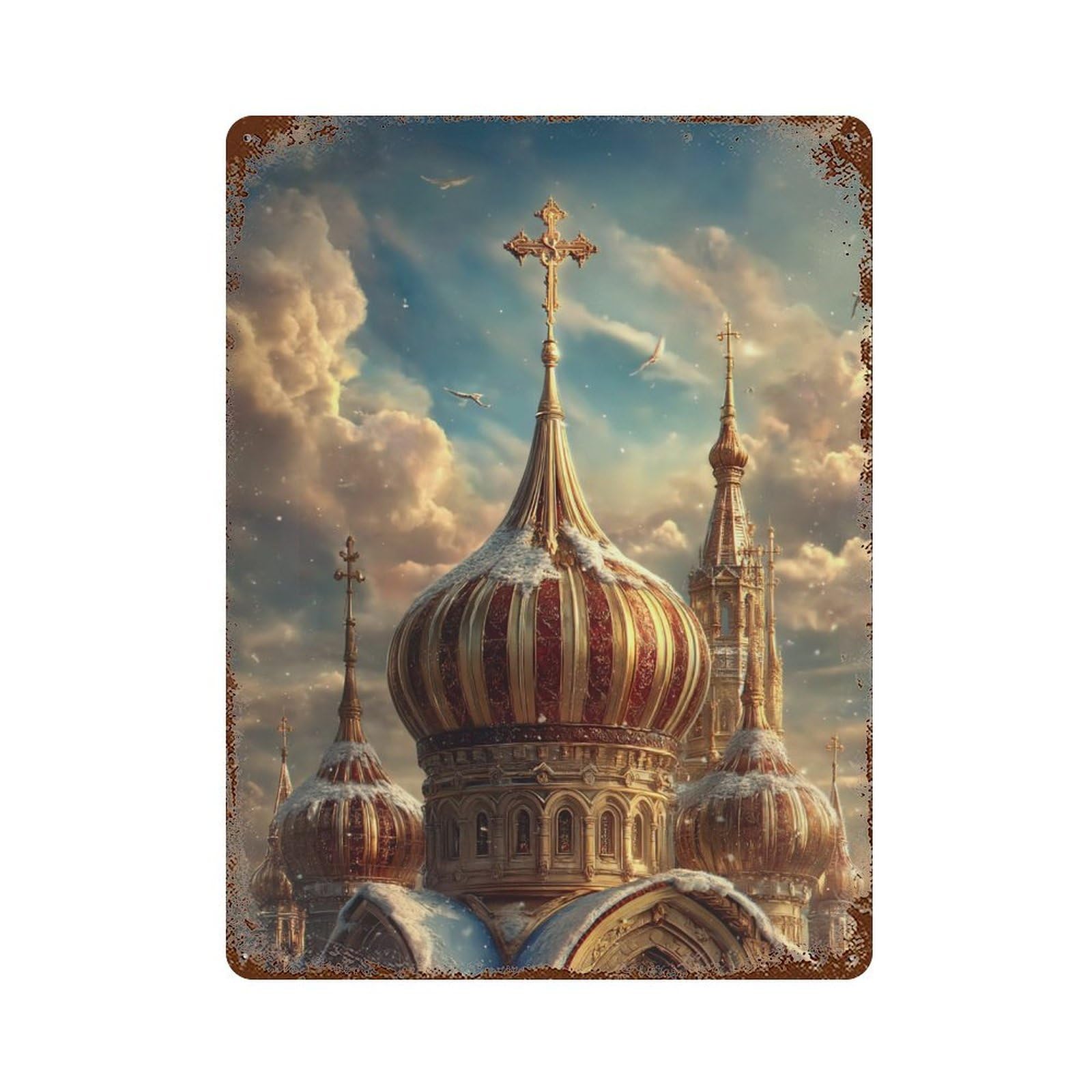 Golden Dome Church Sky Distressed Metal Wall Sign 15.7"x11.8", for Garage, Bar And Workshop Decor, Decorative Metal Wall Art