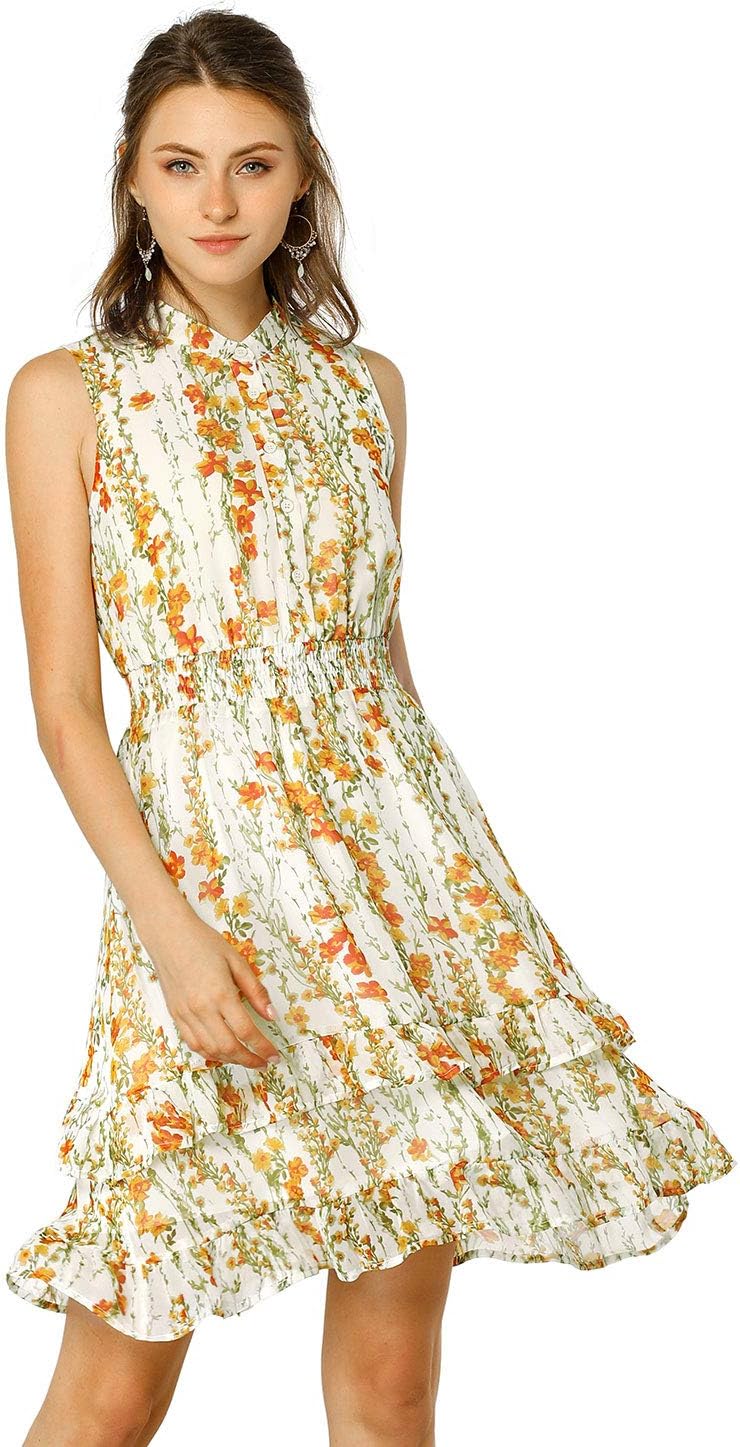 Allegra K Women's Floral Chiffon Dresses Smocked Mini Sleeveless A-Line Dress