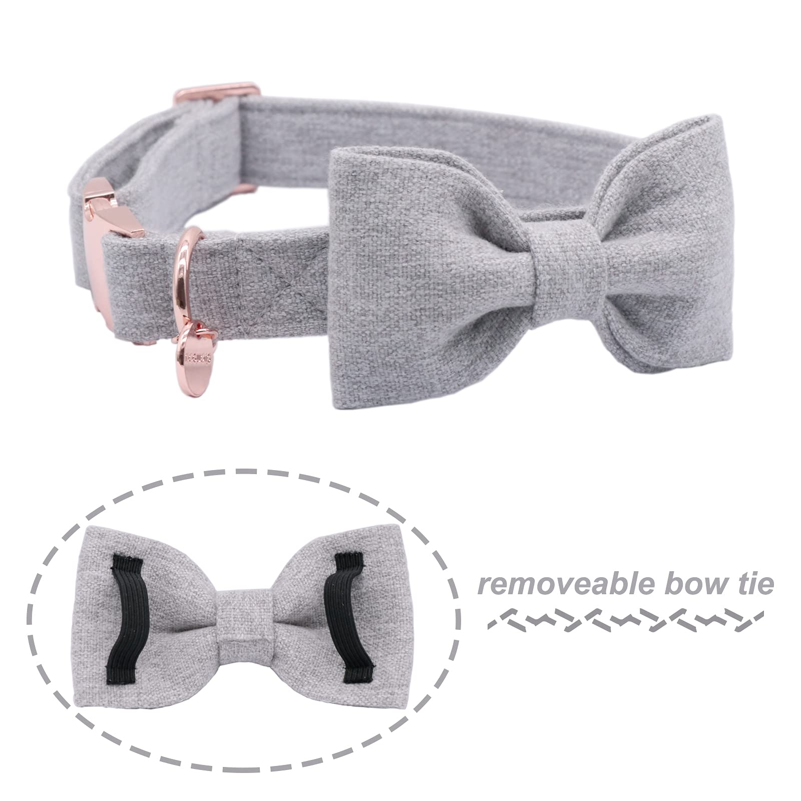 DOGWONG Cotton Dog Collar with Bow Grey Pet Collar Durable Adjustable for Medium Large Dogs, Large (Pack of 1) - Image 2