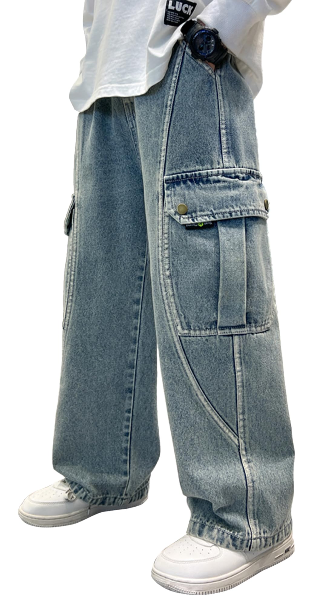 Jeans per bambini, con gamba larga, pantaloni in denim y2k, pantaloni cargo con tasche, pantaloni da lavoro