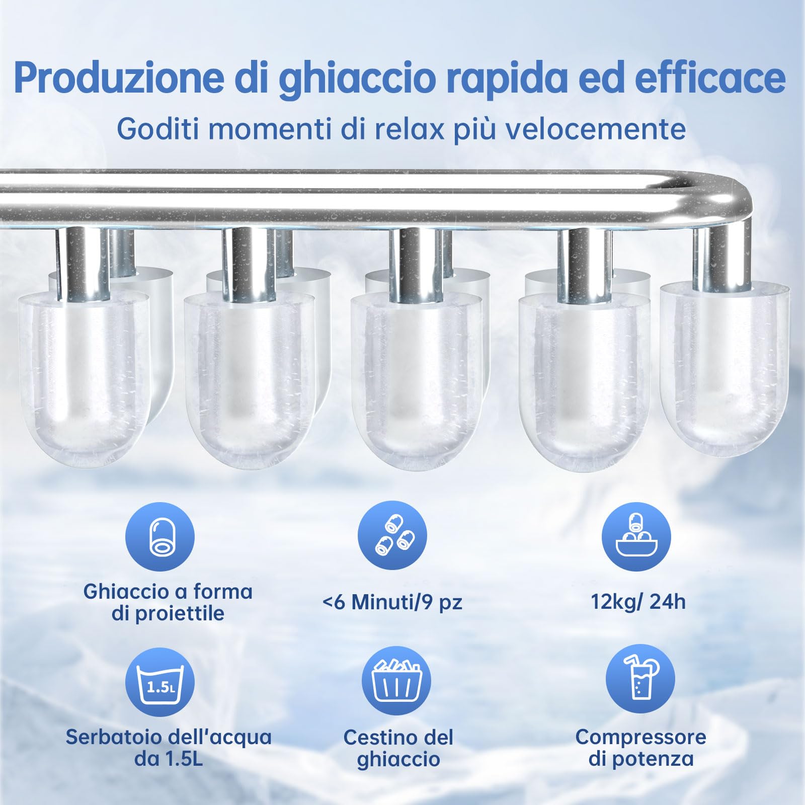 WIE Macchina Ghiaccio, 1.5L Macchina del Ghiaccio, 9 Cubetti di Ghiaccio in 6 Minuti, con Maniglia/Cestello/Pala/Silenzioso, Acciaio Inossidabile