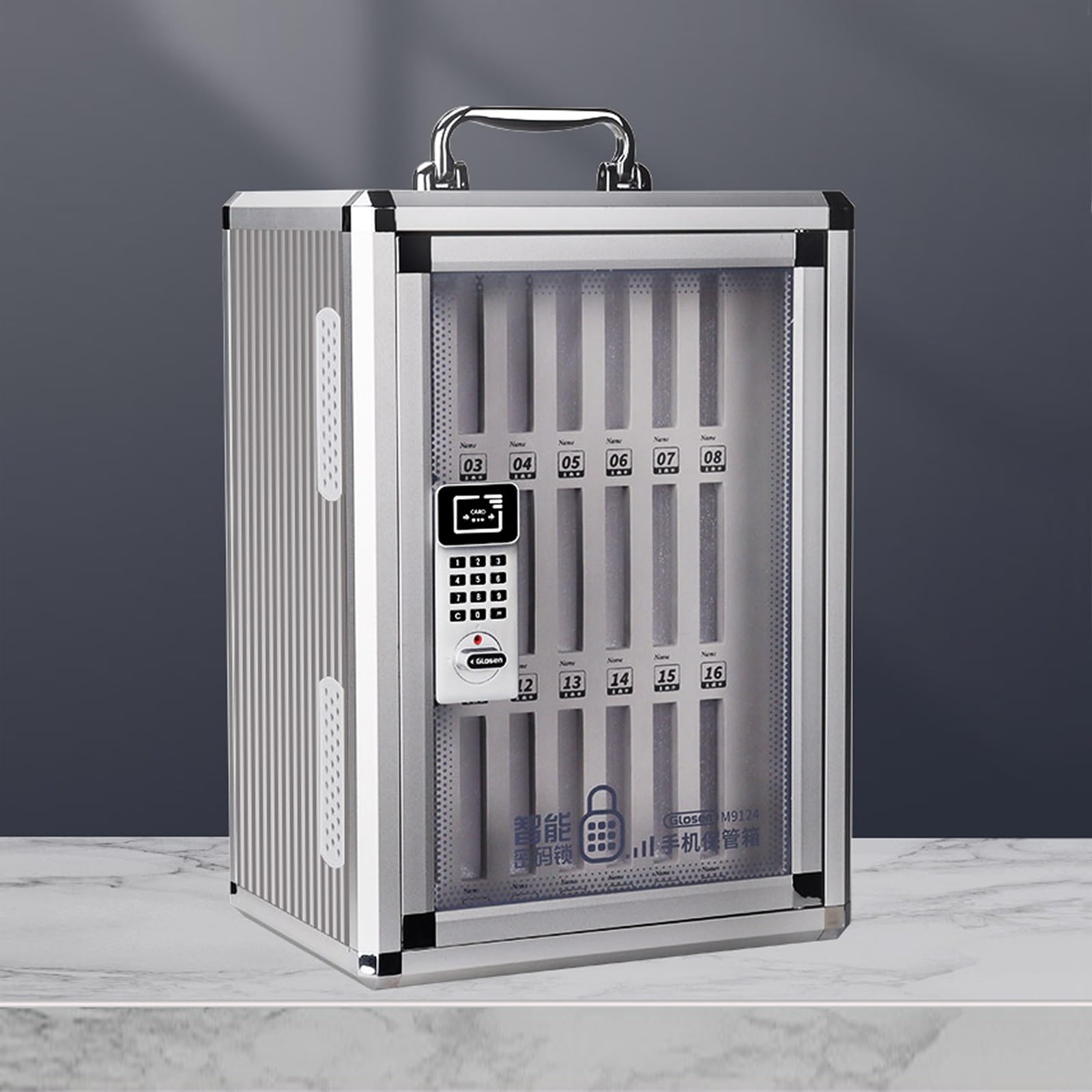 Caja de seguridad para teléfono con contraseña y organizador de aluminio de 24 ranuras
