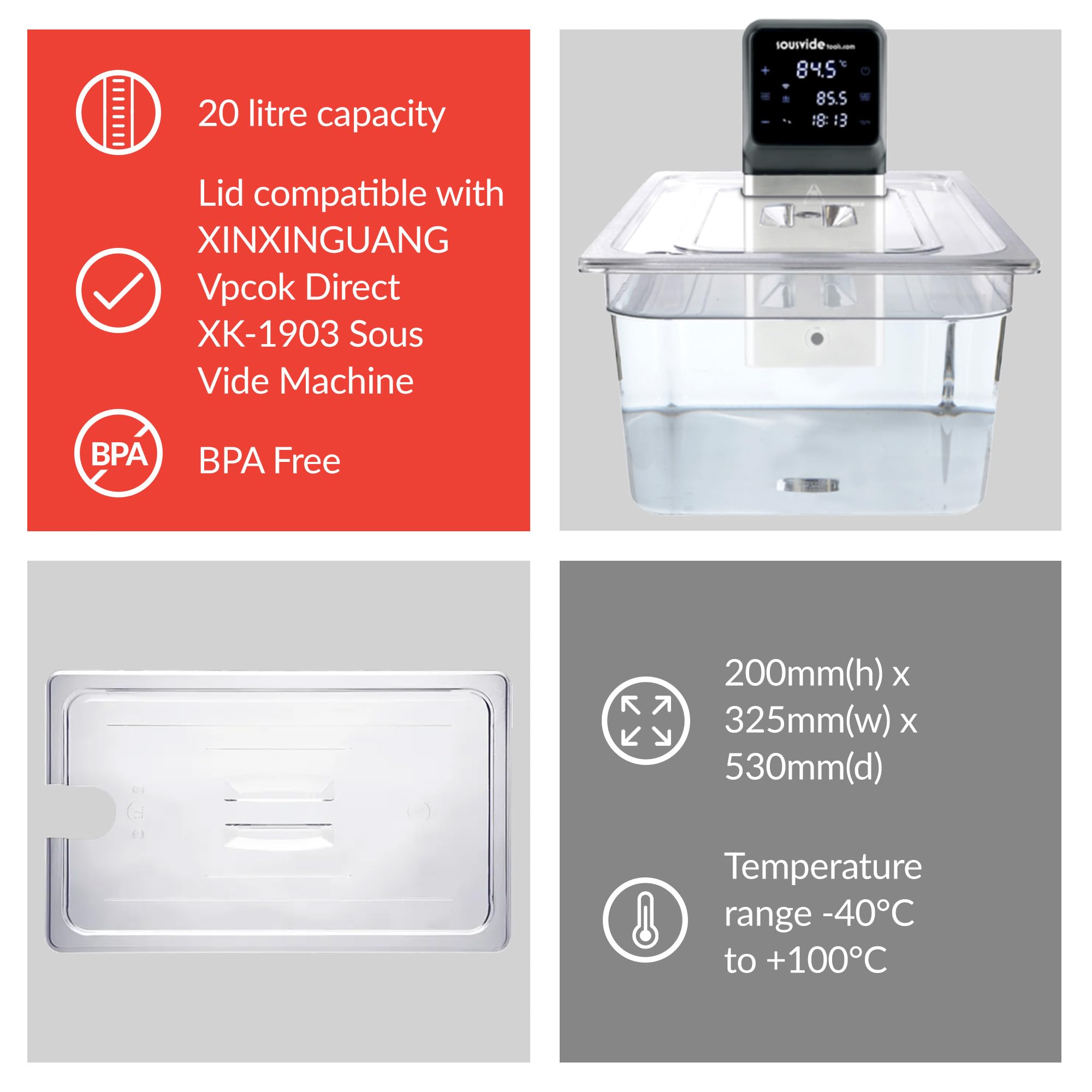 SousVideTools | Contenitore Sous Vide | Serbatoio dell'acqua | XINXINGUANG Vpcok Direct XK-1903 compatibile con fornello | 20L