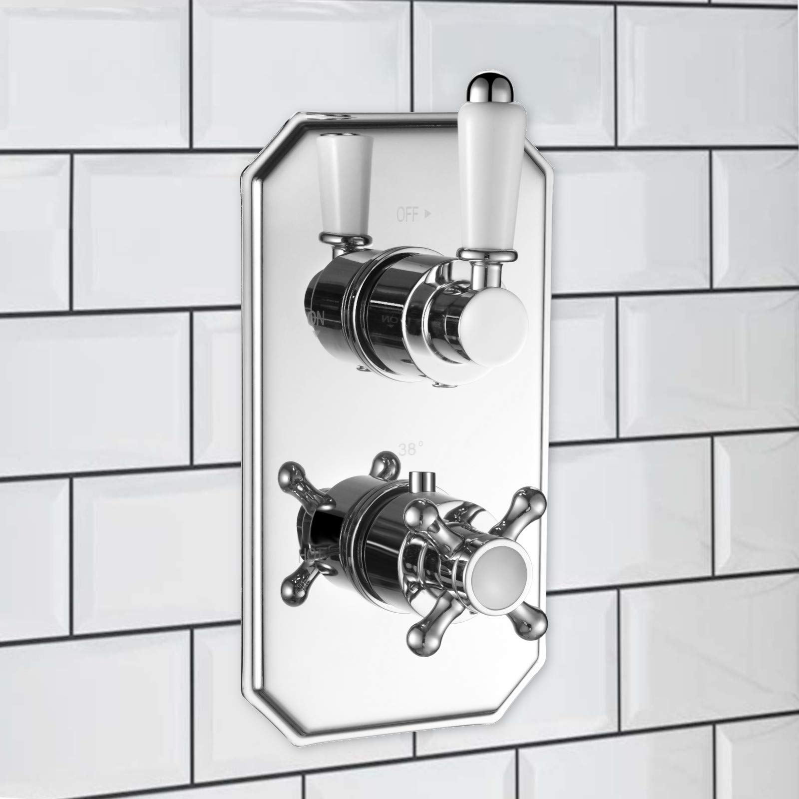 Enki Chrome And White Regent, Tsv027, Chrome Single Twin Concealed Thermostatic Mixer Tap Shower Outle Valve For Bathrooms, Traditional Victorian Style