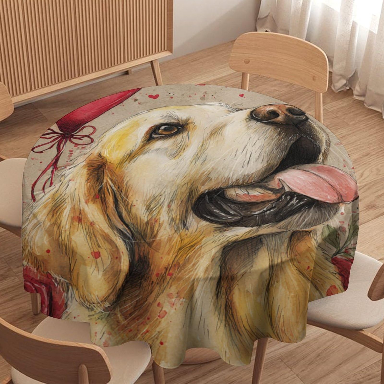 LUYYSKY Vintage Realistic Puppies Waterproof Round Tablecloth Retro Watercolor Roses Floral Animals Dogs Heart Balloons Pattern Washable Table Cover for Kitchen-91.4" Wx91.4 L cm