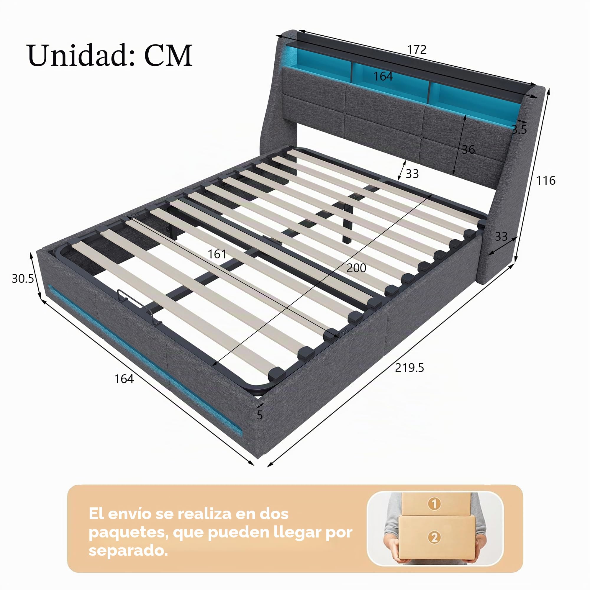 BRILVERDE Cama Canapé 160x200 cm en Lino Beige con LED y Puertos USB/USB-C, Gran Almacenaje, Cabecero con Estantes, Somier de Láminas, Cama Doble Adultos y Jóvenes
