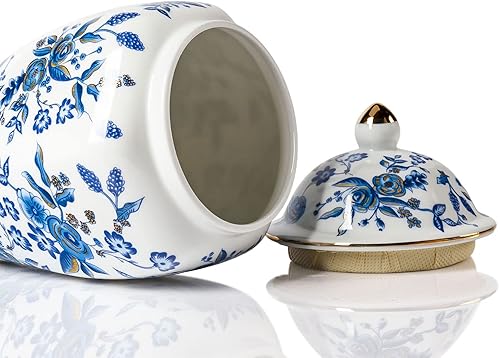 Miniatura 9 de Pequeño tarro de jengibre de cerámica para decoración del hogar, jarrón de jengibre con tapa, patrón de loto azul y blanco
