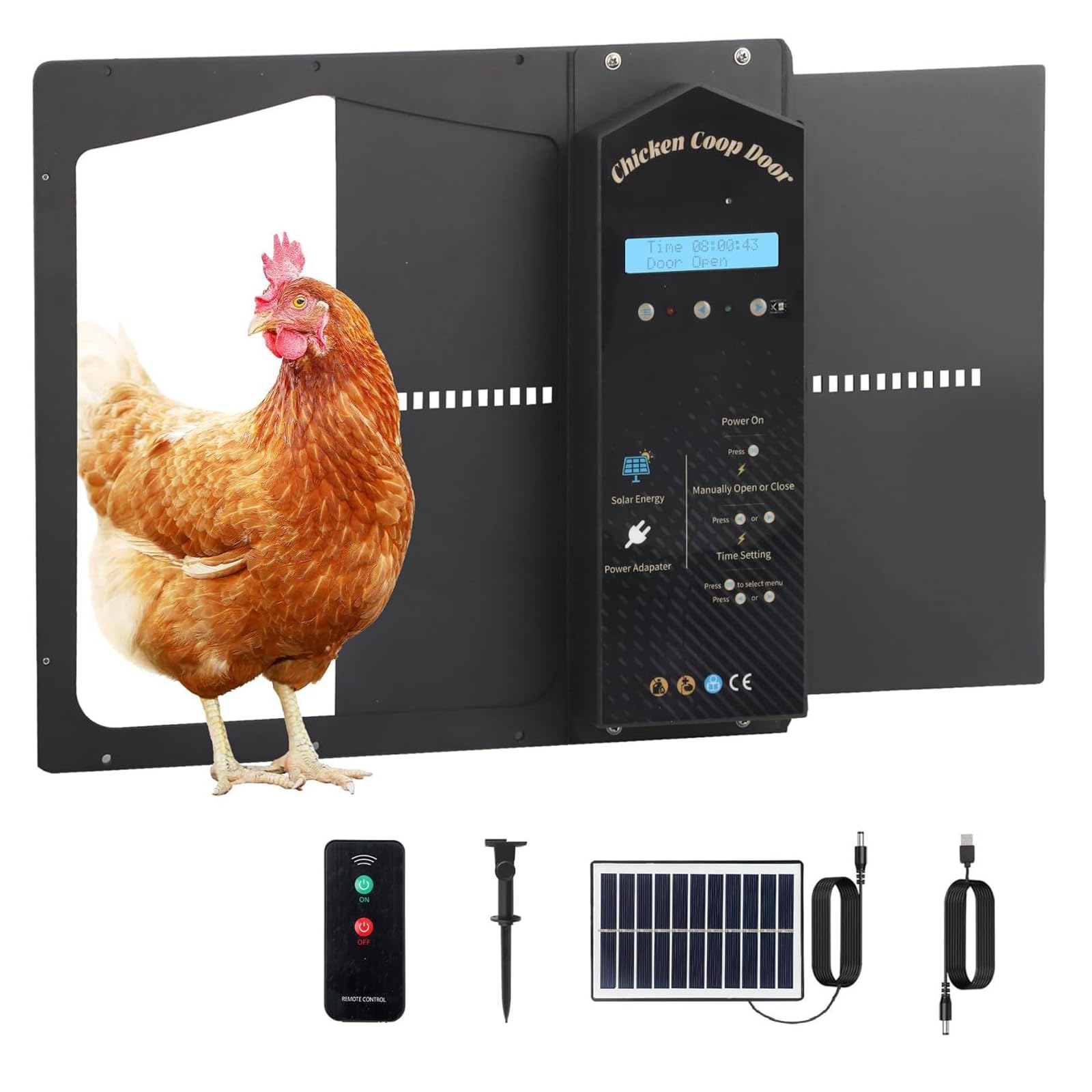 Puerta automática de gallinero con energía solar, temporizador, sensor de luz, pantalla LCD, antipellizcos, resistente a la intemperie para gallinero