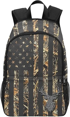 M YESCUSTOM Mochila escolar de camuflaje con bandera de Estados Unidos, diseño de hojas de ciervo, resistente al agua, mochila para laptop, para