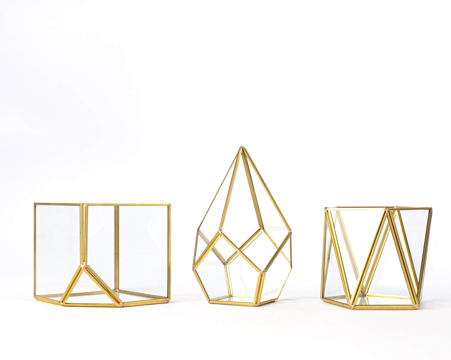 Simply Elegant 3pc Set 4'' Mini Glass Geometric Terrarium Container (Gold) Pyramid Cubic and Pentagon for DIY, Succulent Air Plant Garden, Table Deco Display