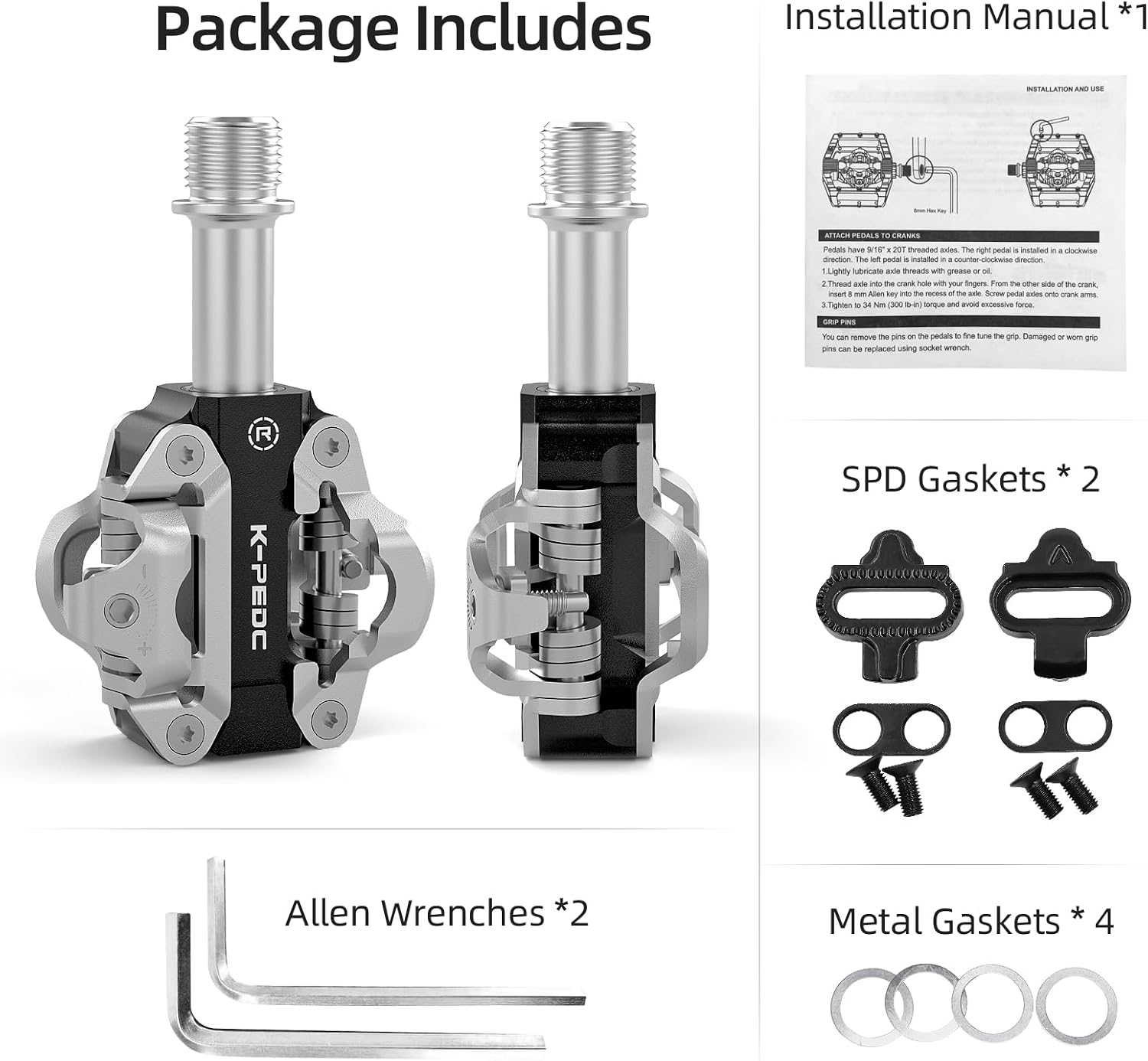 MTB Mountain Bike Pedals Dual Sided 9/16” Aluminum Alloy Sealed Clipless Pedals Compatible with SPD