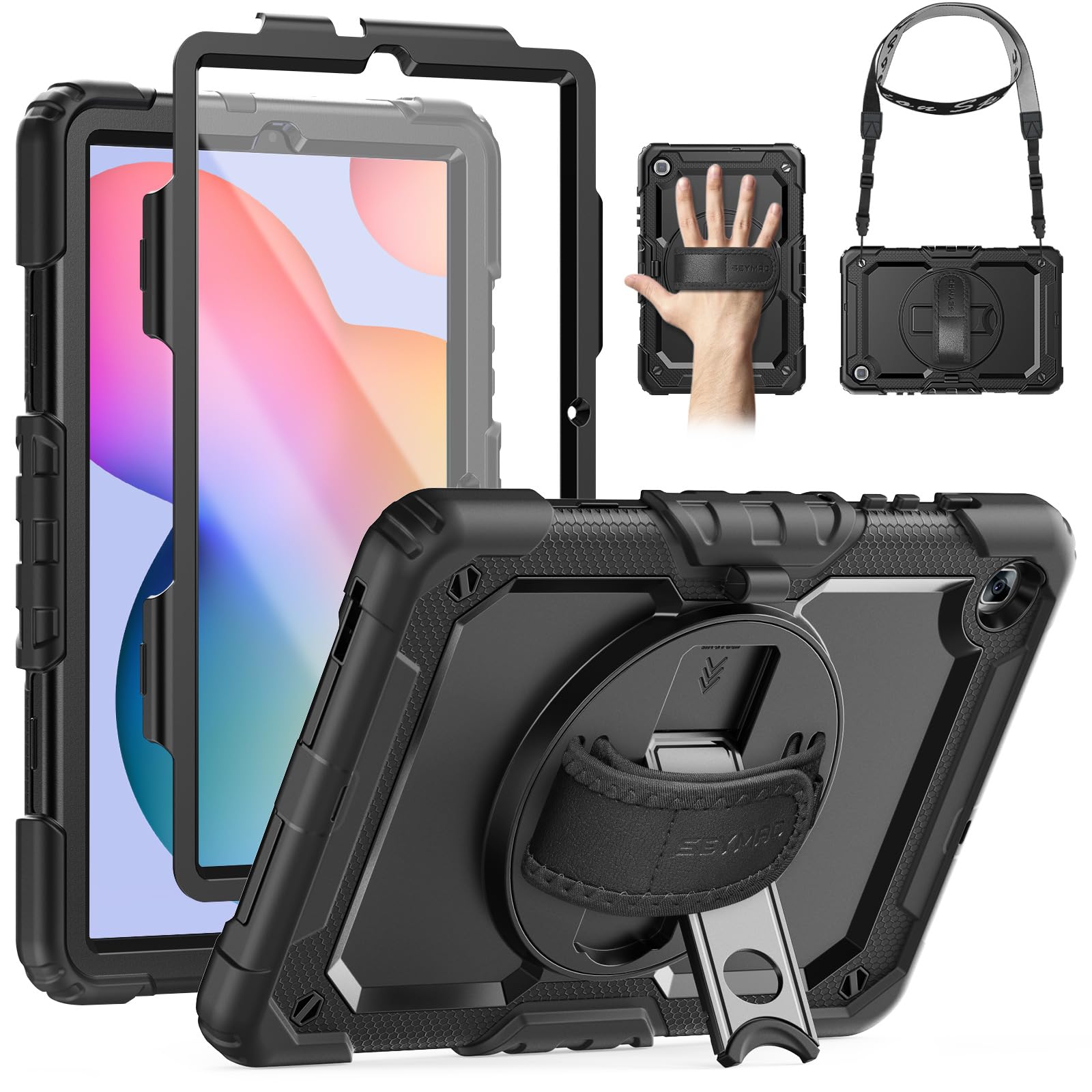 – SEYMAC Case for Samsung Galaxy Tab S6 Lite 10.4 Inch 2024/2022/2020,Shockproof Case with 360 Rotating Stand/Hand Strap, [Shoulder Strap&Built-in Screen Protector] for Galaxy Tab S6 lite, Black
