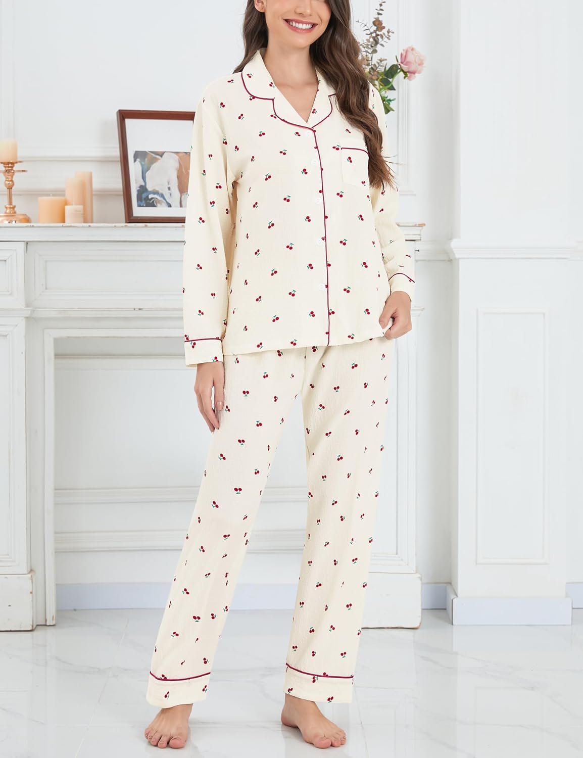 SWOMOG Pajamas for Women Sets 2 Piece Button Down Printed Pjs Long Sleeve Shirt and Pants Fall Sleepwear Cute Loungewear - Image 2