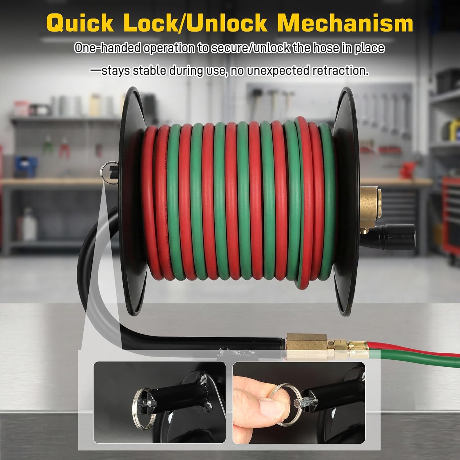 Manual Twin Welding Hose Reel, Heavy Duty Steel Hand Crank Retractable Reel for 1/4" ID 100ft Oxygen Acetylene Hose, 9/16"-18 B Fittings, Wall/Ceiling/Cart Mount for Shops (Hose & Lead-in Not Incl.)