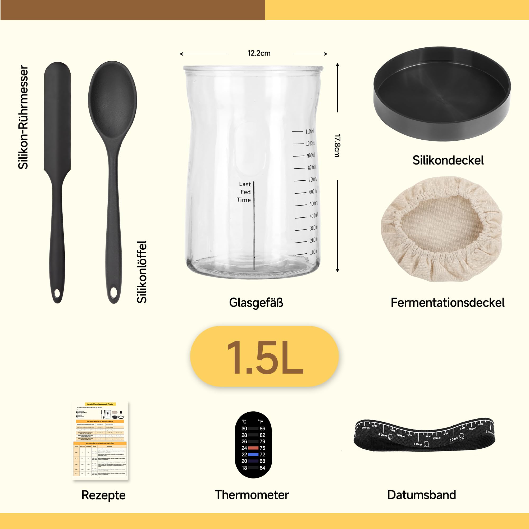 Coco Bird Pro Sauerteig Starter Set – 1,5L Großes Sauerteig Glas mit 17 Rezepten – Sauerteigstarter Zubehör für Brotbacken & Fermentation (1 Stück)