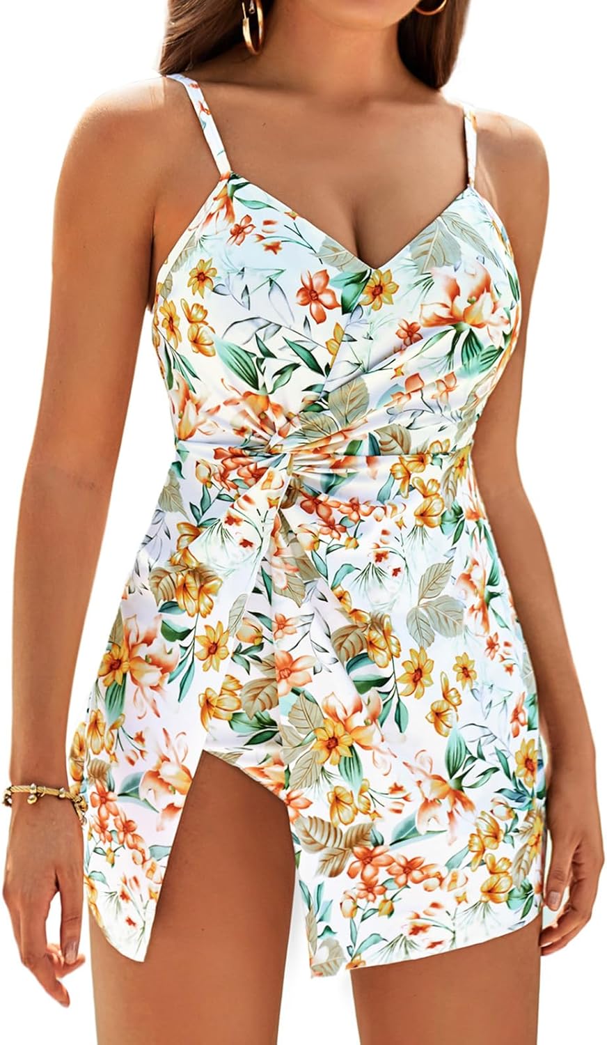 GRACE KARIN Women's One Piece Swim Dress V Neck Tummy Control Swimsuit Vacation Beachwear Bathing Suit White & Yellow XX-Large