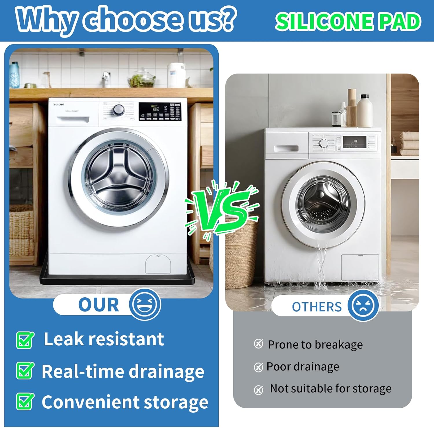 Washing Machine Drain Pan Silicone mat 27"x27" with 0.79" Raised Edges, Leak-Proof Silicone Mat, Non-Slip Waterproof Floor Protector for Washer Dryer (Light gray)