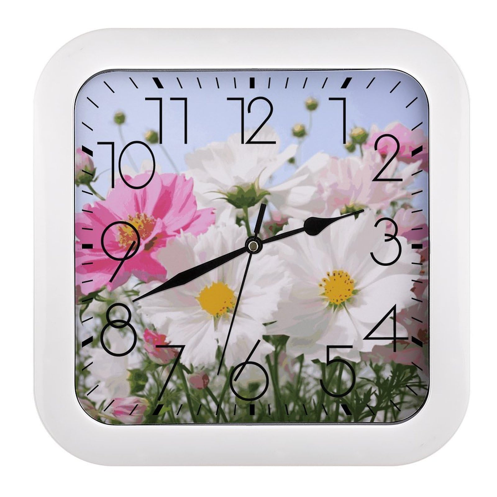 Horloge murale carrée vintage à fleurs roses et blanches pour la cuisine