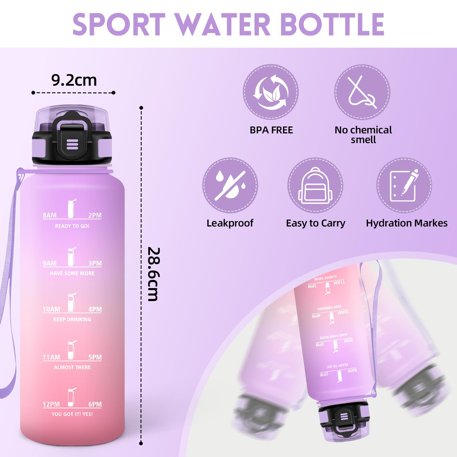 Motswedi Borraccia 1,5 litri, Riutilizzabile, Borraccia Motivazionale, a Prova di Perdite, Bottiglia Acqua, Senza BPA, Borracce, per Sport, Palestra, Ufficio, Ciclismo, Viola chiaro&Rosa