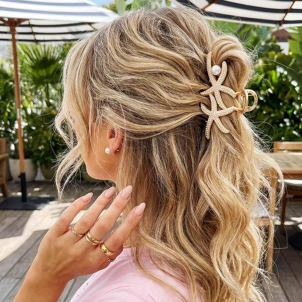 CAKURE Starfish Hair Clip Gold Large Claw Clip for Thick Hair Beach Hair Accessries for Women (Pack of 2) (a-gold&gold)