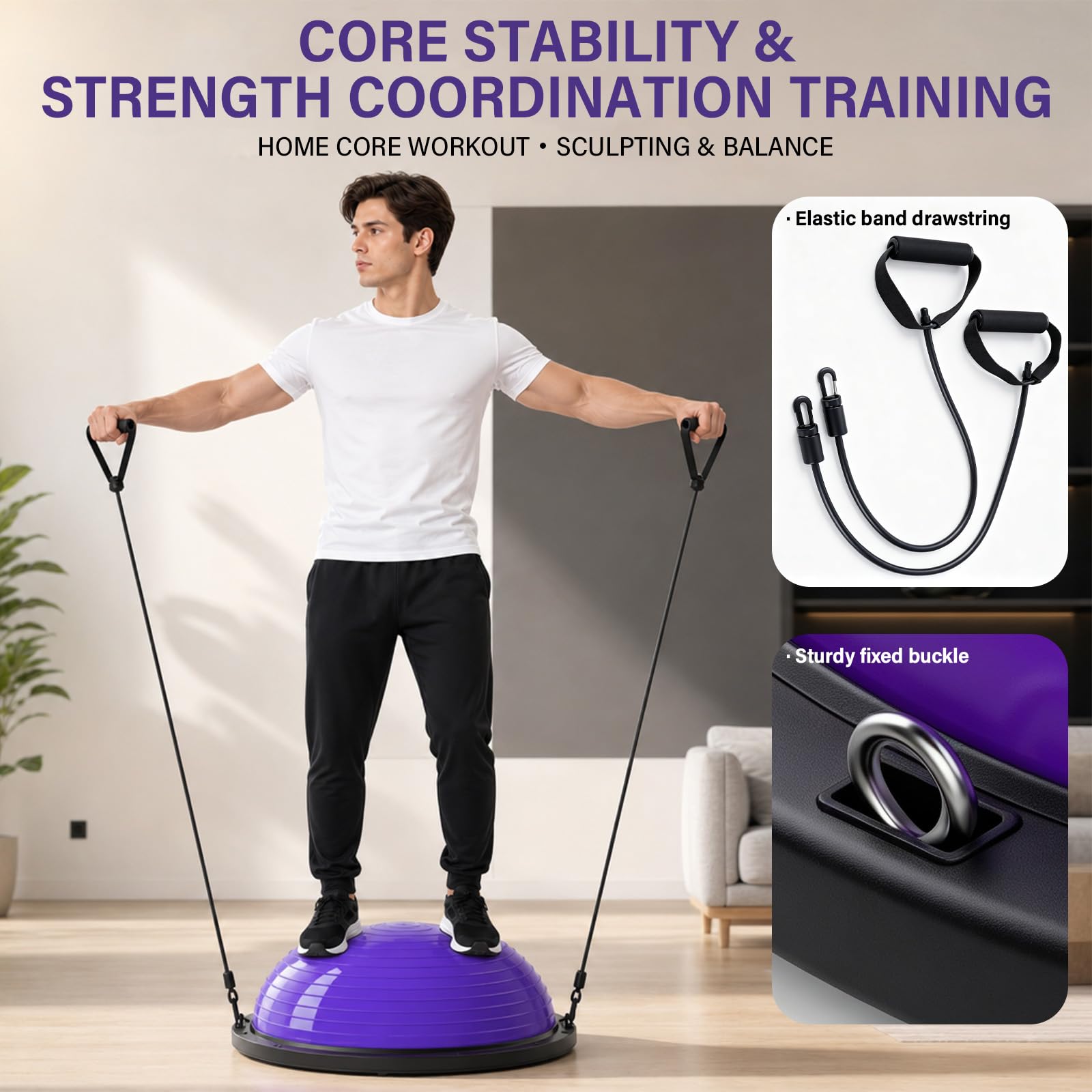 Balón de equilibrio, entrenamiento de equilibrio de yoga, soporta hasta 300 kg, media pelota de equilibrio con bomba y 2 bandas de fitness