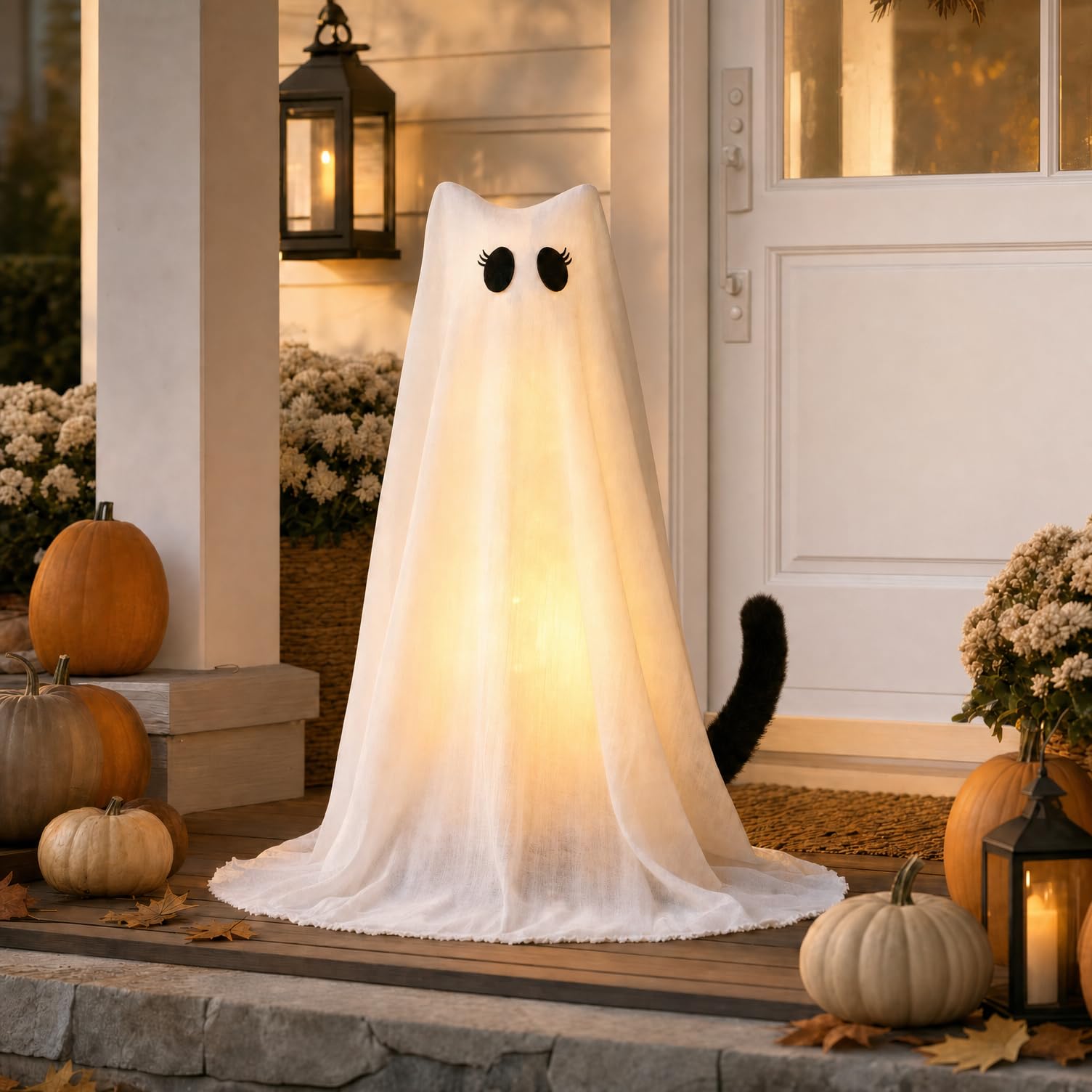 Halloween Ghost Decorations-2.2FT Cute Lighted Ghost Cat | Ghost Cat with Plush Black Tail, Standing Indoor Outdoor Halloween Decor for Porch, Entryway, Yard, Fireplace, Party, Home