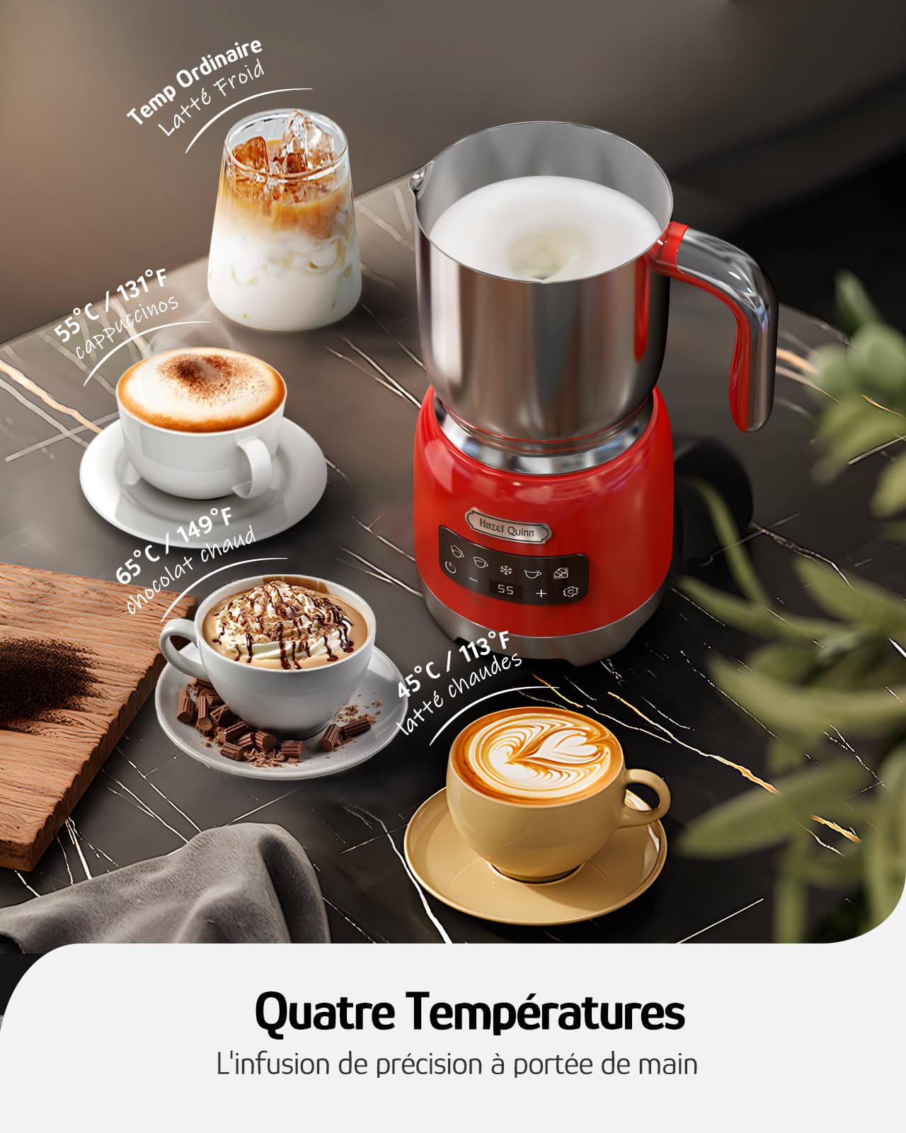Hazel Quinn Elektrische Melkopschuimer van Roestvrij Staal, 5-in-1 Multifunctioneel, Elektrische Melkverwarmer, Warme Chocolademachine, LED Touchbediening, 400 ML, Parelwit
