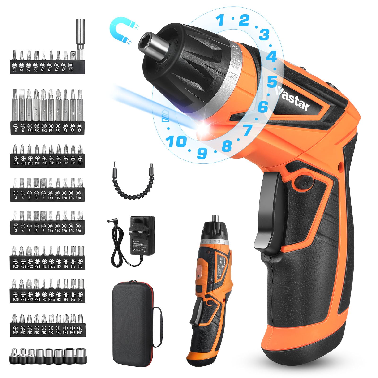 Vastar 8V Electric Screwdriver Cordless, 89Pcs Electric Power Screwdriver Set with Rechargeable Battery & Pivoting Handle, 10+1 Torque Small Electric Screwdriver Kit with Carrying Case/LED Front Light