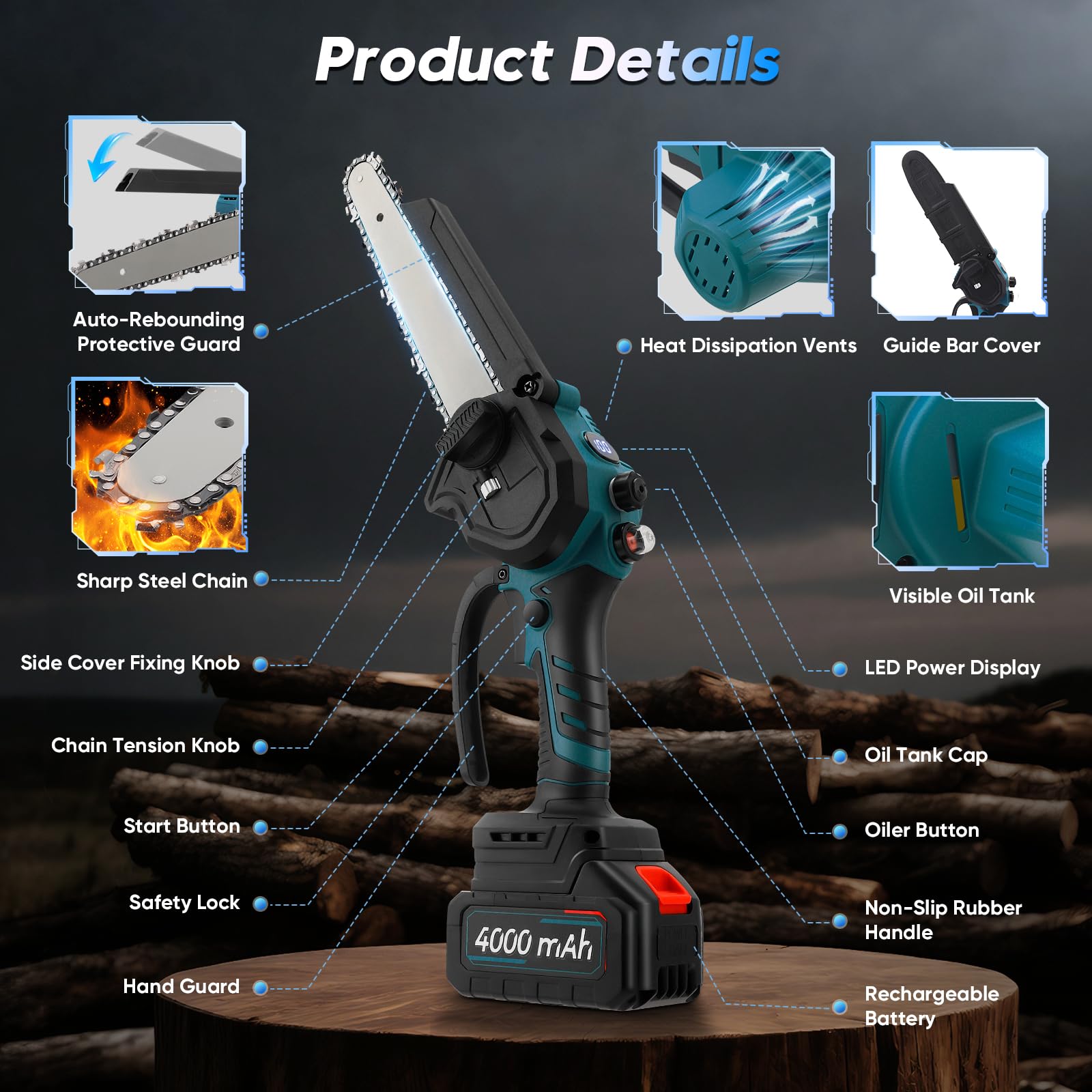 Sierra de Cadena Inalámbrica 8 Pulgadas, Mini Motosierra con 2 Baterías y Motor 950W. Hoja Convertible 6 u 8 Pulgadas Para Madera, Poda de Ramas y Jardinería (Blue)