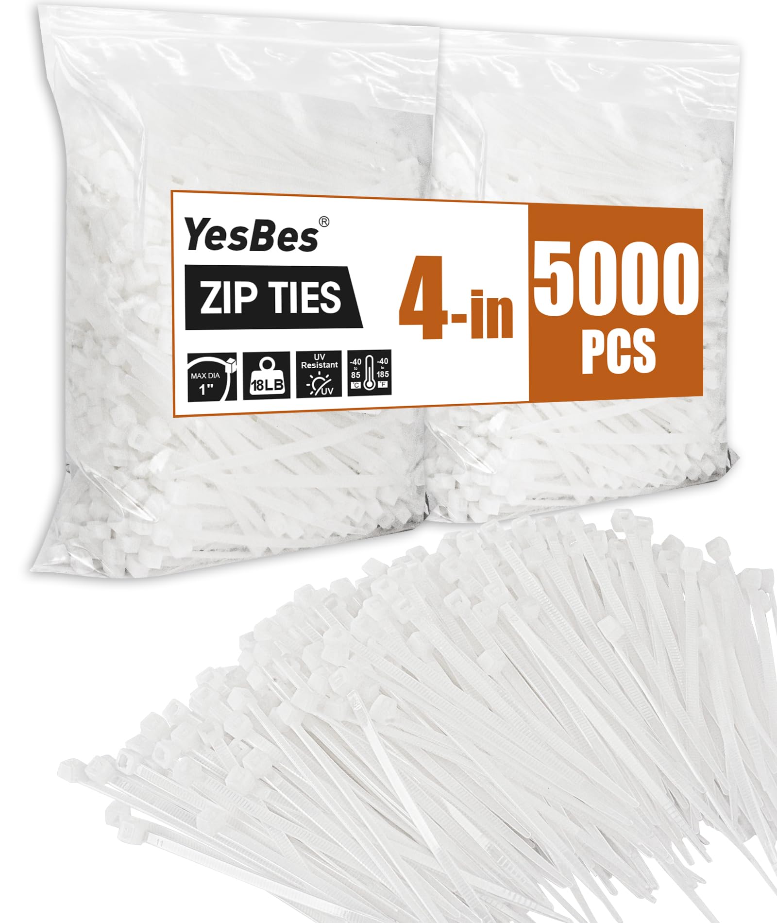5000 PCS Zip Ties 4 Inch, Small Cable Ties with 18lbs Tensile Strength, White Zip Ties for Indoor and Outdoor Use, UV Resistant Wire Ties