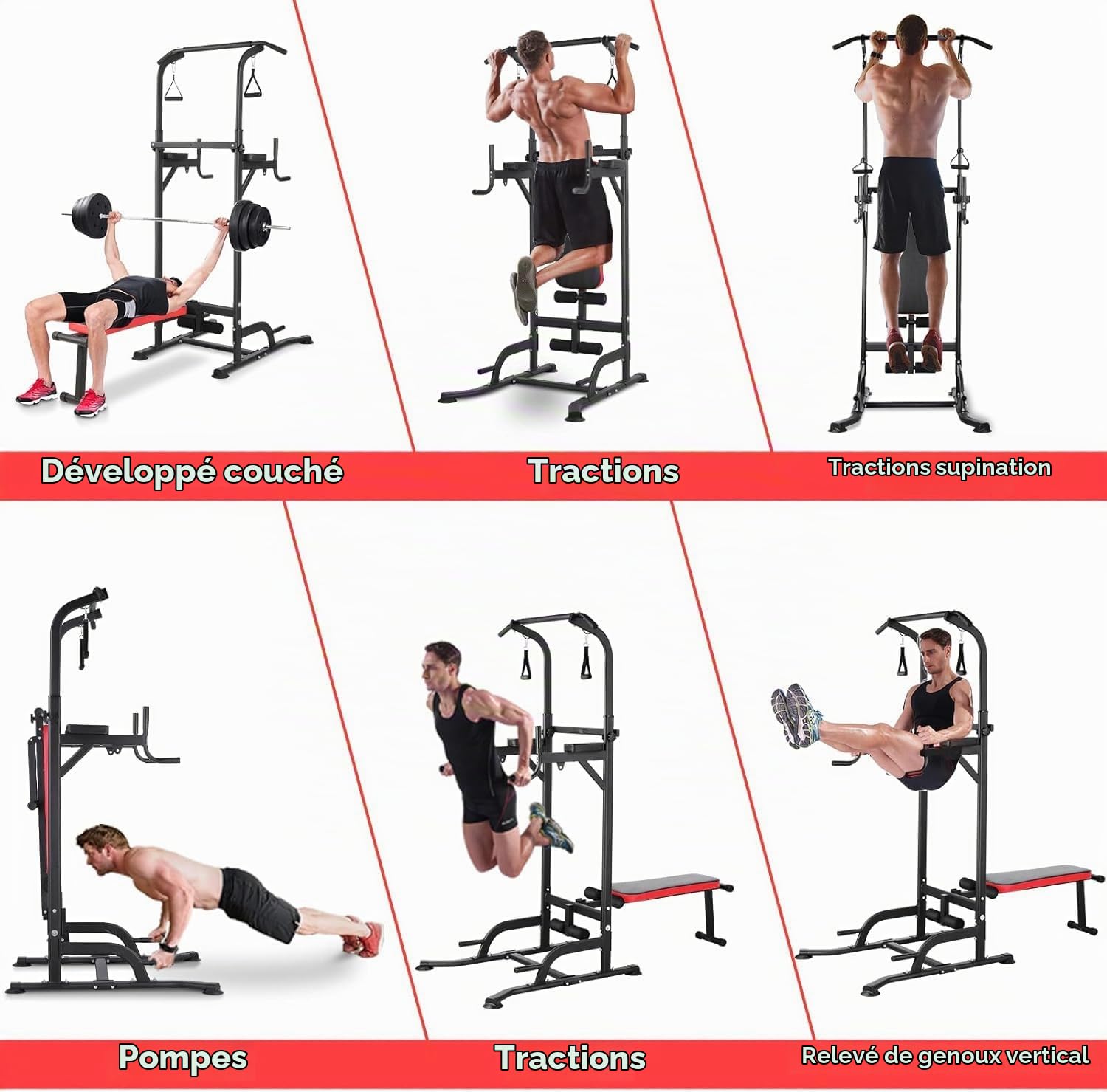 Power Tower Barre de Traction avec Banc de Musculation Pliable Chaise Romaine Hauteur Réglables Multifonction Dips Abdominaux Station de Musculation Entraînement à Domicile, Accoudoirs, Fitness, 200KG