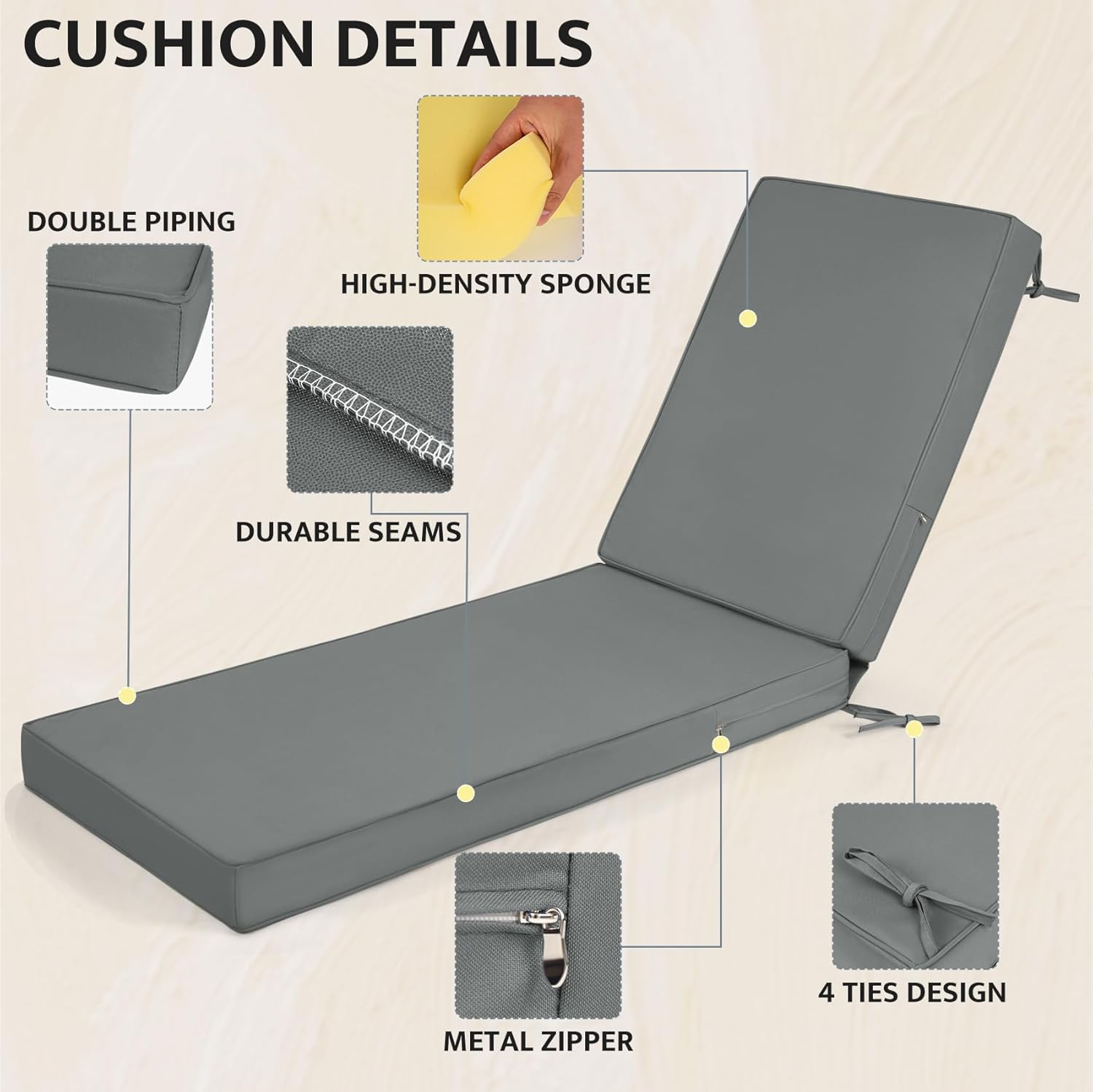 mudilun Lounge Chair Cushion Set of 2, 72x21x3 Water Proof Outdoor Lounge Chair Cushions with Ties Non-Slip Chaise Lounge Cushion Removable Patio Seat Cushions for Garden Pool Beach Lounge