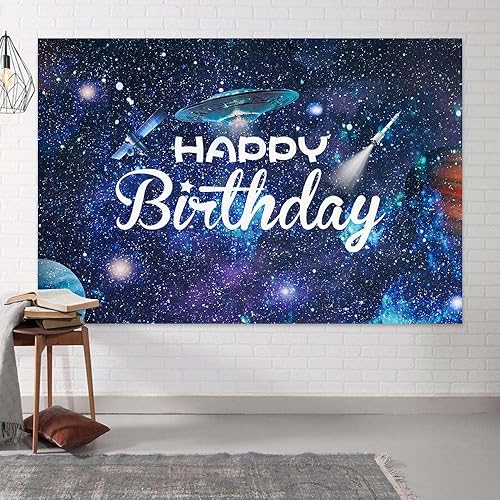 Miniatura 3 de Telón de fondo de feliz cumpleaños, 7 x 5 pies, galaxia con purpurina para niños, astronauta, fotografía de nave espacial, fondo de tela, universo
