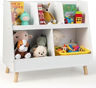 Costzon Toy Organizers and Storage with Bookshelf, 5 Cubbies Wooden Toy Cabinet and Open Bookcase with Solid Legs, Freestanding Display Toy Shelf for Kids Room, Playroom, Bedroom, Nursery (White)