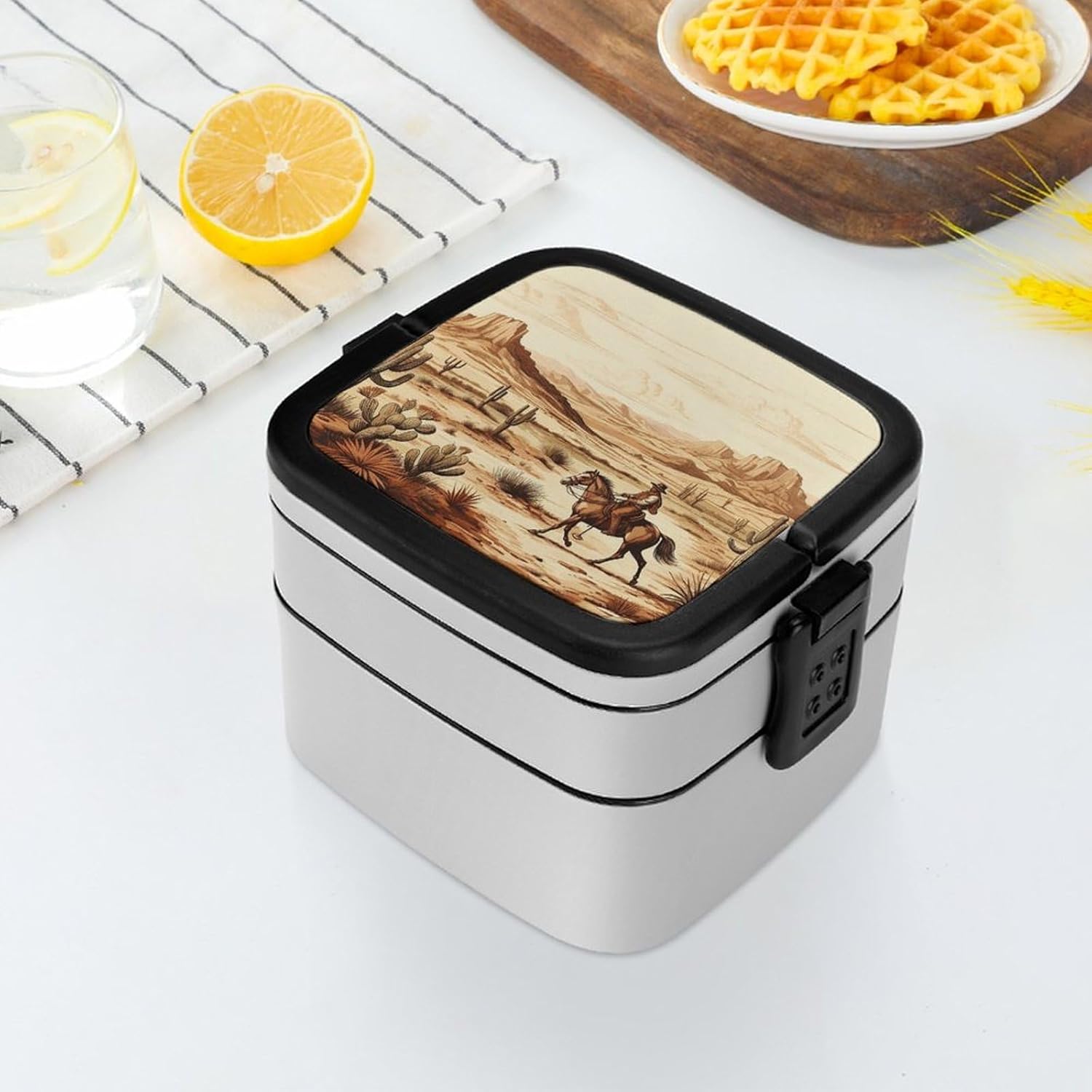 Adults Lunch Box Adult Bento Box Stackable Bento Box BPA-Free West Desert Cactus With Cowboys Riding Horses Lunch Box Food Container Ideal for Meal Prep, Work, And On The Go