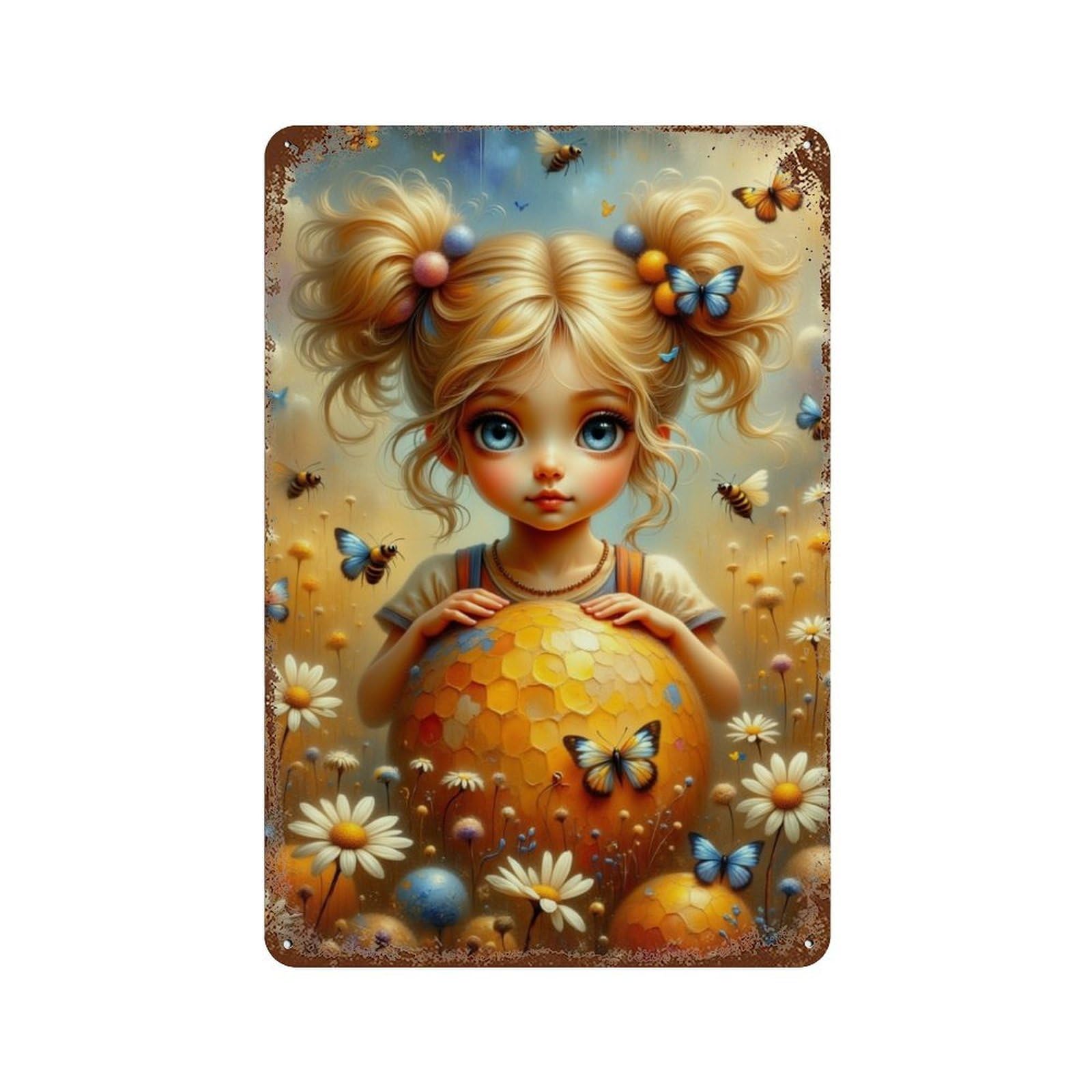 Enchanted Garden with Girl And Bees Rustic Tin Plaque 11.8"x7.9", Industrial Home Decor for Pub, Kitchen And Man Cave Decor