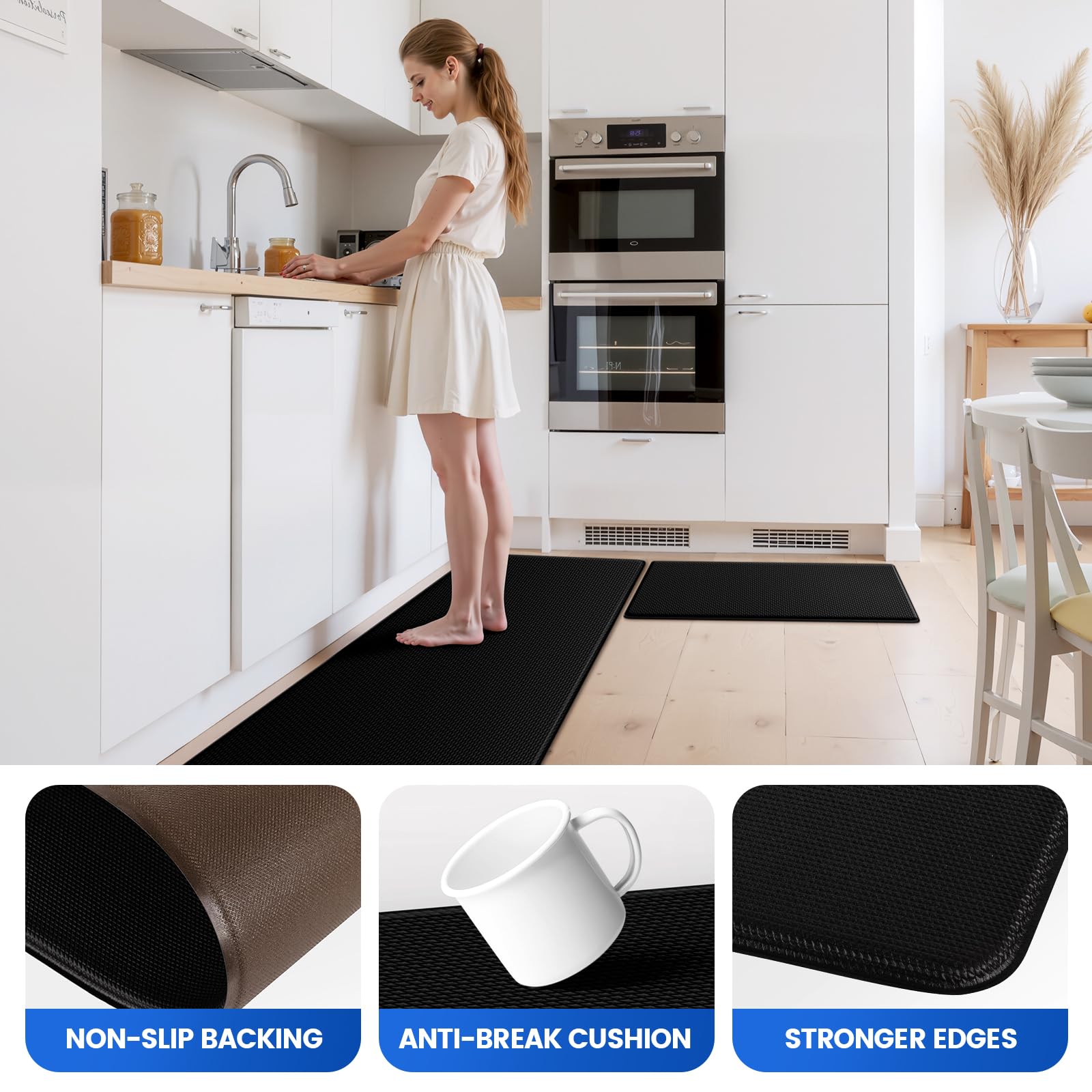 KitchenClouds Kitchen Mats for Floor,3PCS Kitchen Rugs,Non Slip Anti Fatigue Mats for Floor,Waterproof Kitchen Sink Mat,Cushioned Standing and Comfort Mats for Office,Black