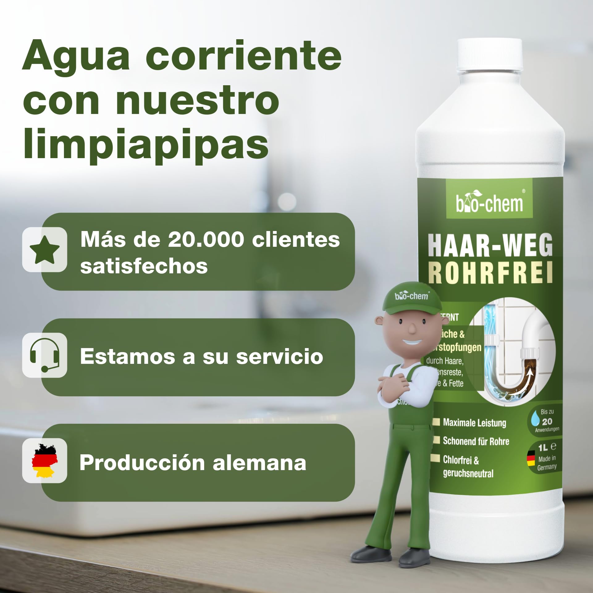 bio-chem Desatascador tuberias profesional líquido 4L | Desatascador para eliminar pelos y residuos, eficaz incluso con agua estancada, fórmula concentrada para hasta 20 usos