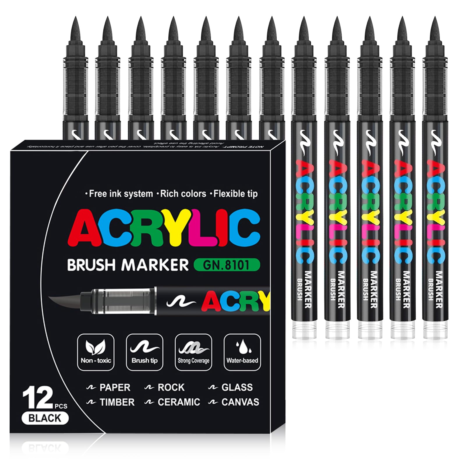 Rotuladores Acrilicos, Cabeza de Cepillo Suave Acrylic Markers, Marcadores AcríLicos para Colorear, Piedra, Madera, Lienzo, Vidrio, CeráMica, Artesanía (12 Negro)