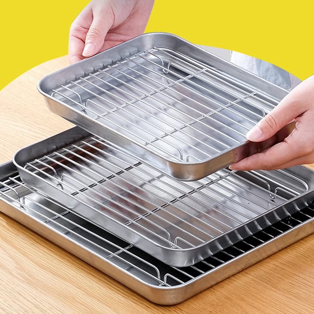 Baking Sheet and Rack Set, Stainless Steel Chef Baking Pan Cookie Pan Toaster Oven Tray for Cooking/Roasting/Cooling, 23 x 17 x 2.5cm